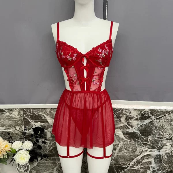 Floral Embroidery Transparent Nightdress Lace Lingerie