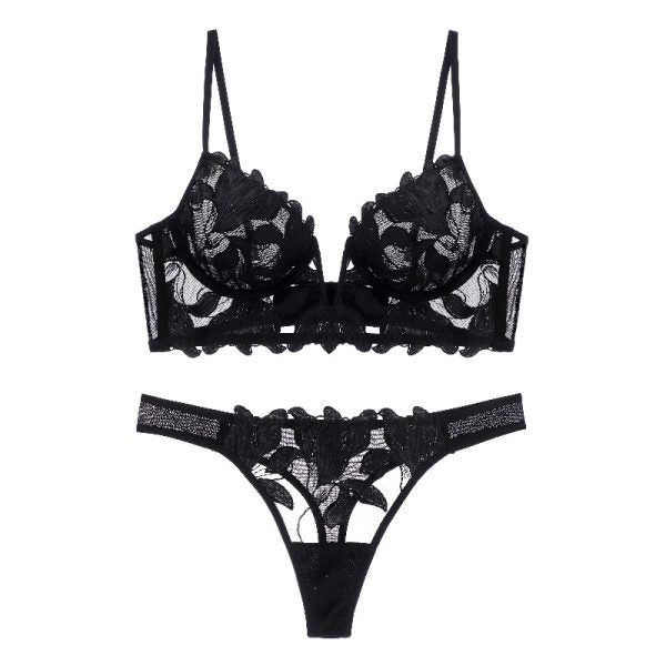 High Quality French Embroidery Sexy Lingerie Woman Thin Deep V Push Up Transparent Lace Bra Set See Through Underwear Sets