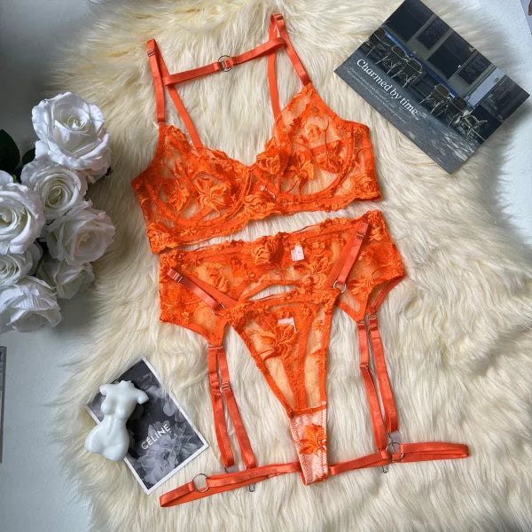 Orange Lace Floral Perspective Embroidered Bra With Thong