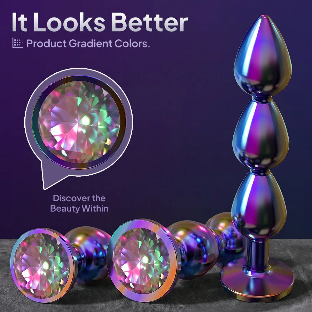 Rainbow Double Ball Butt Plug with Jewel Base – 3 Sizes