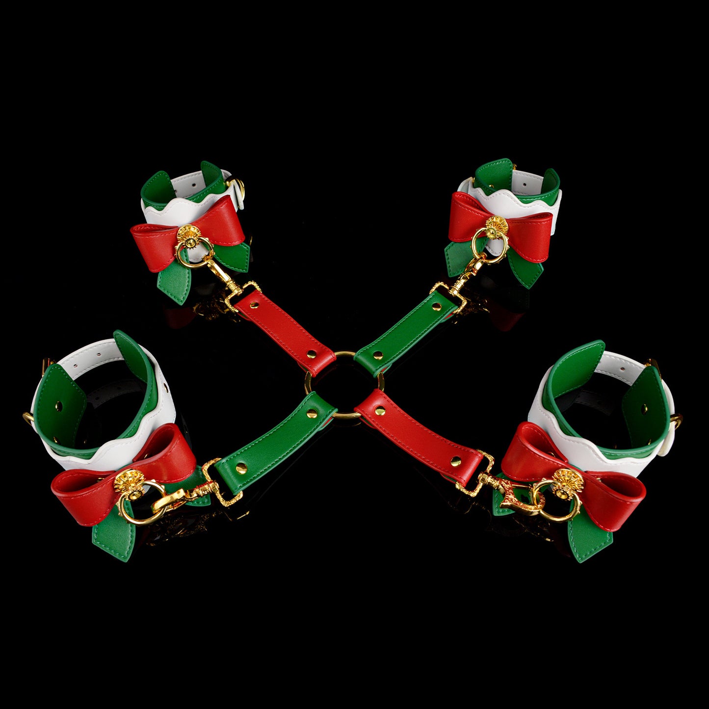 Festive Christmas Bow Leather Handcuffs & Leg Cuffs Restraint Set
