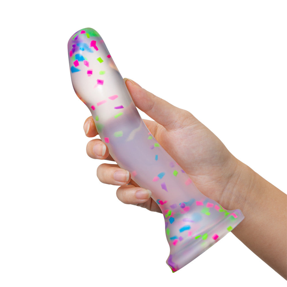 Neo Elite By Blush® | Hanky-Panky 7.5 Inch Purio™ Silicone Glow In The Dark Dildo - Clear Dildo With Fun Confetti