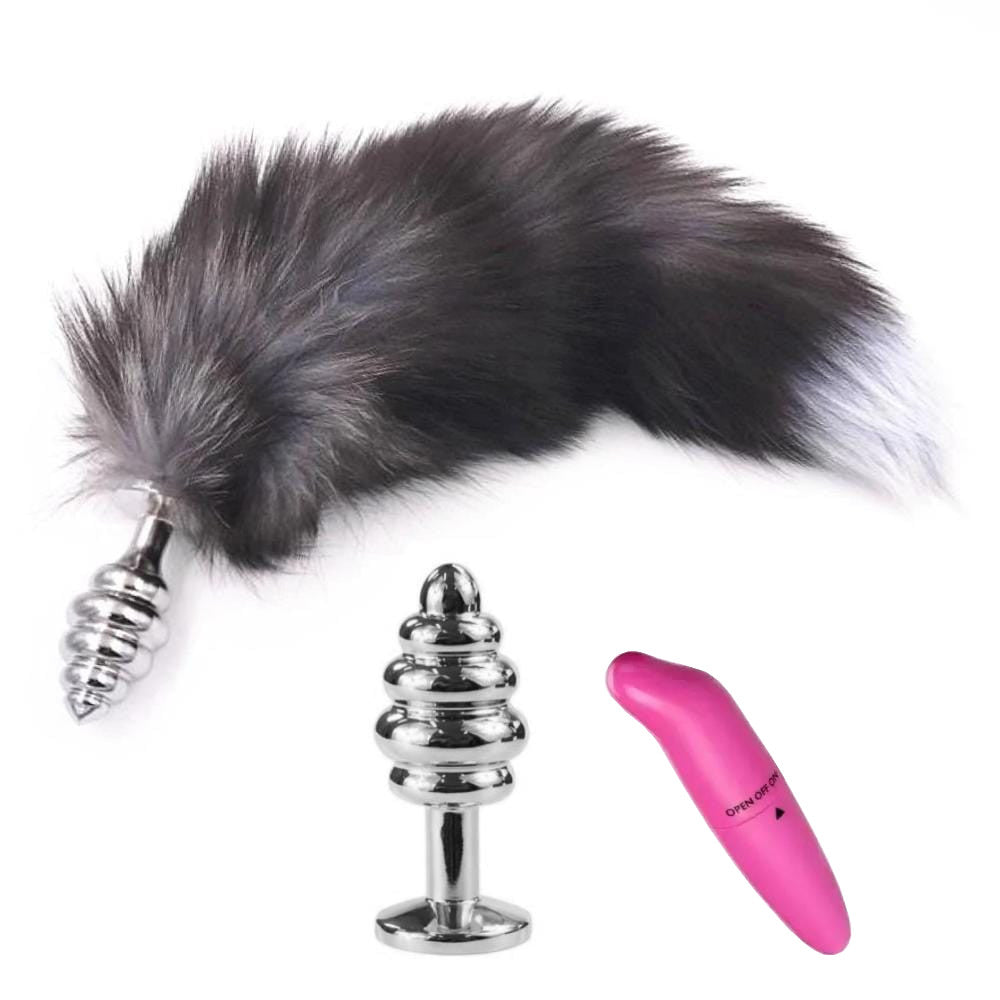 Plug anale vibrante con coda a forma di volpe scura, 15" anesidora Plug anale vibrante con coda a forma di volpe scura, 15" anesidora
