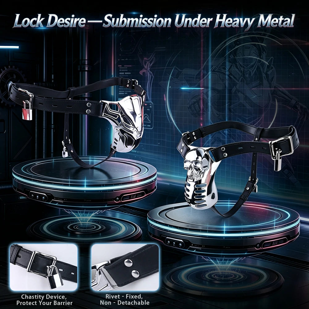 Lock Desire: Iron Skeleton & Cyber Shield Male Chastity Cages