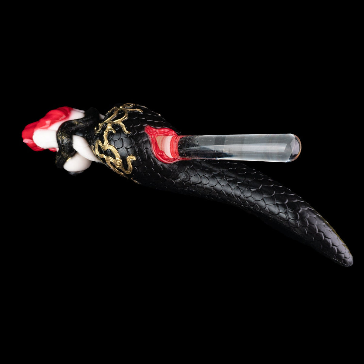 Snake Queen Sex Doll | Fantasy Serpent Goddess Stroker — Red-Haired Pointed-Ear Figurine, Black Snake-Scale Body, Gold Baroque Relief & Multi-Spiral Vaginal Channel in Platinum Silicone