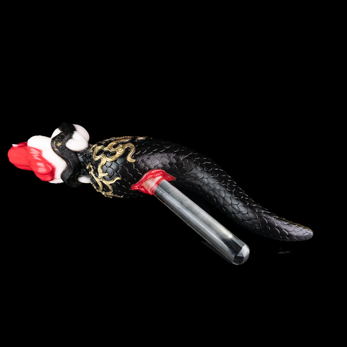 Snake Queen Sex Doll | Fantasy Serpent Goddess Stroker — Red-Haired Pointed-Ear Figurine, Black Snake-Scale Body, Gold Baroque Relief & Multi-Spiral Vaginal Channel in Platinum Silicone