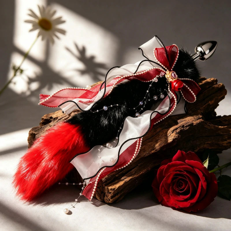 Festive Red Bow Metal Fox Tail Anal Plug for Christmas Cosplay