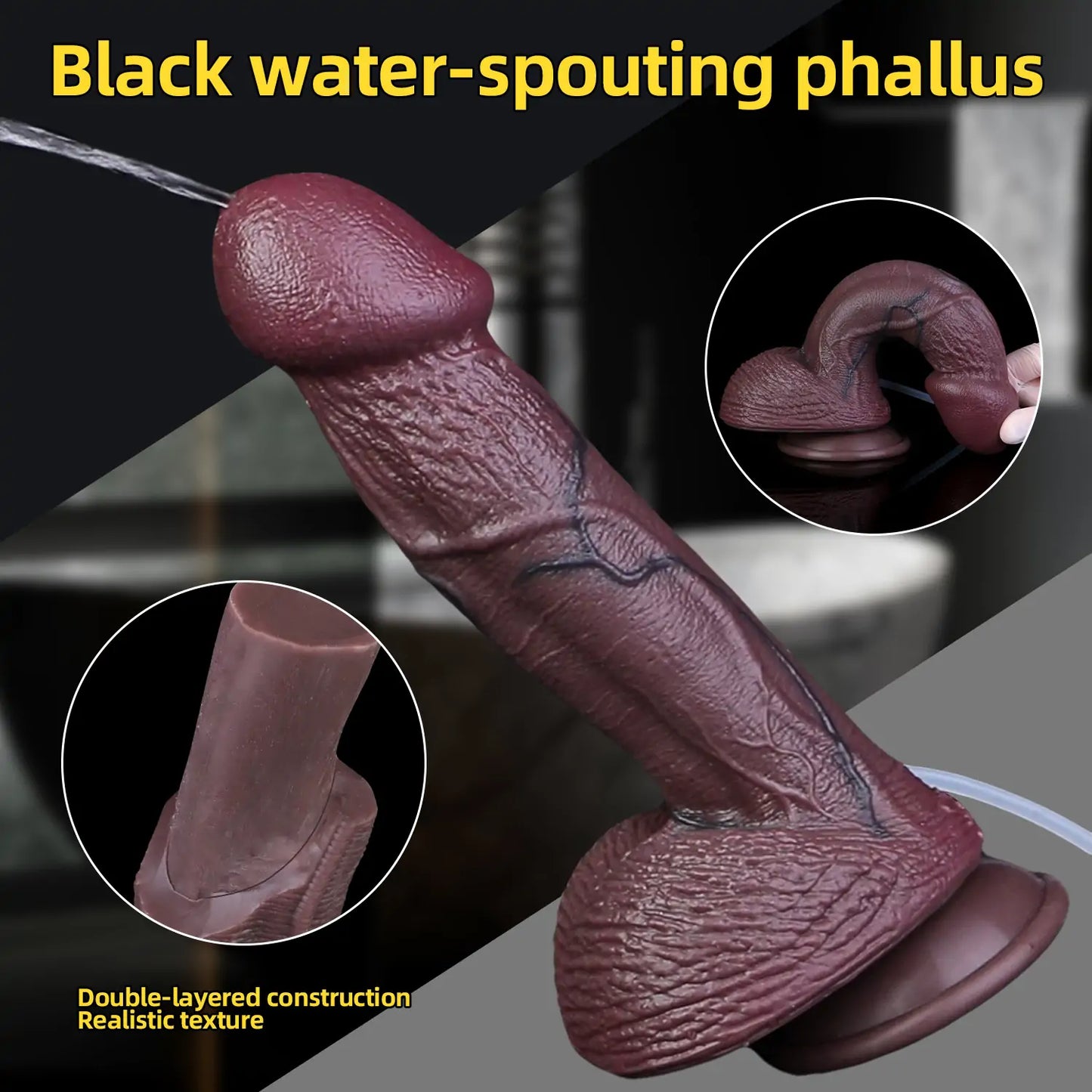 Realistic Squirting Big Head Black Dildo 9.7 Inches