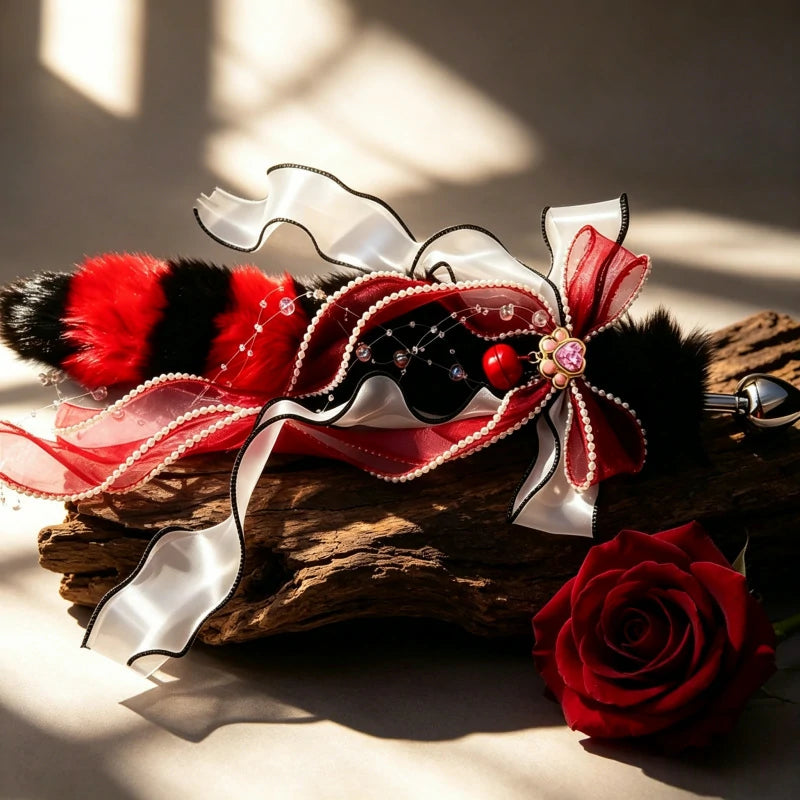Festive Red Bow Metal Fox Tail Anal Plug for Christmas Cosplay