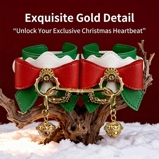 Festive Christmas Bow Leather Handcuffs & Leg Cuffs Restraint Set