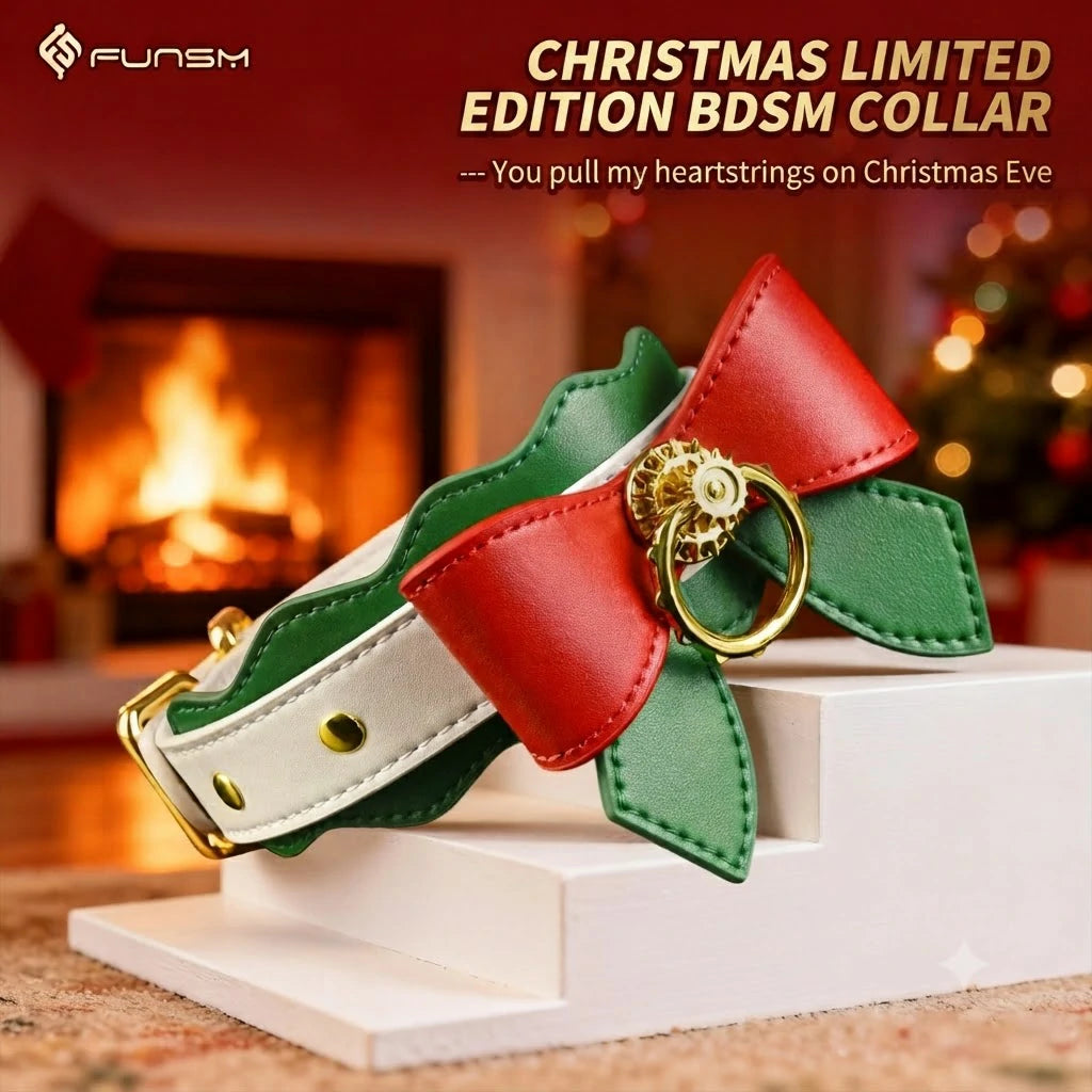 Festive Christmas Bow Leather Choker & Leash Set
