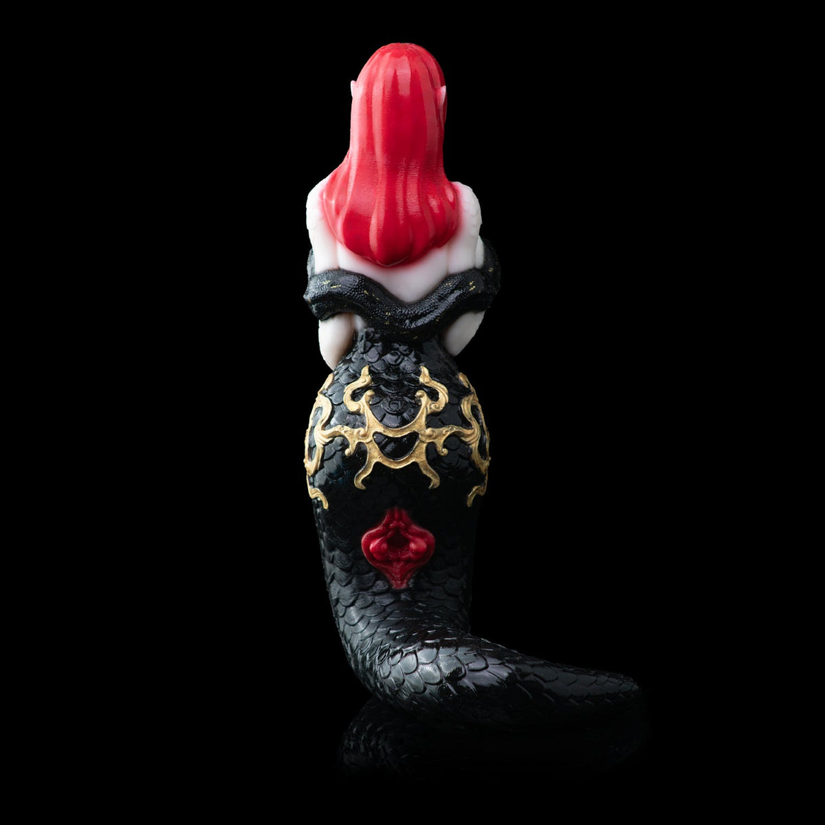 Snake Queen Sex Doll | Fantasy Serpent Goddess Stroker — Red-Haired Pointed-Ear Figurine, Black Snake-Scale Body, Gold Baroque Relief & Multi-Spiral Vaginal Channel in Platinum Silicone