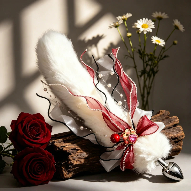 Festive Red Bow Metal Fox Tail Anal Plug for Christmas Cosplay