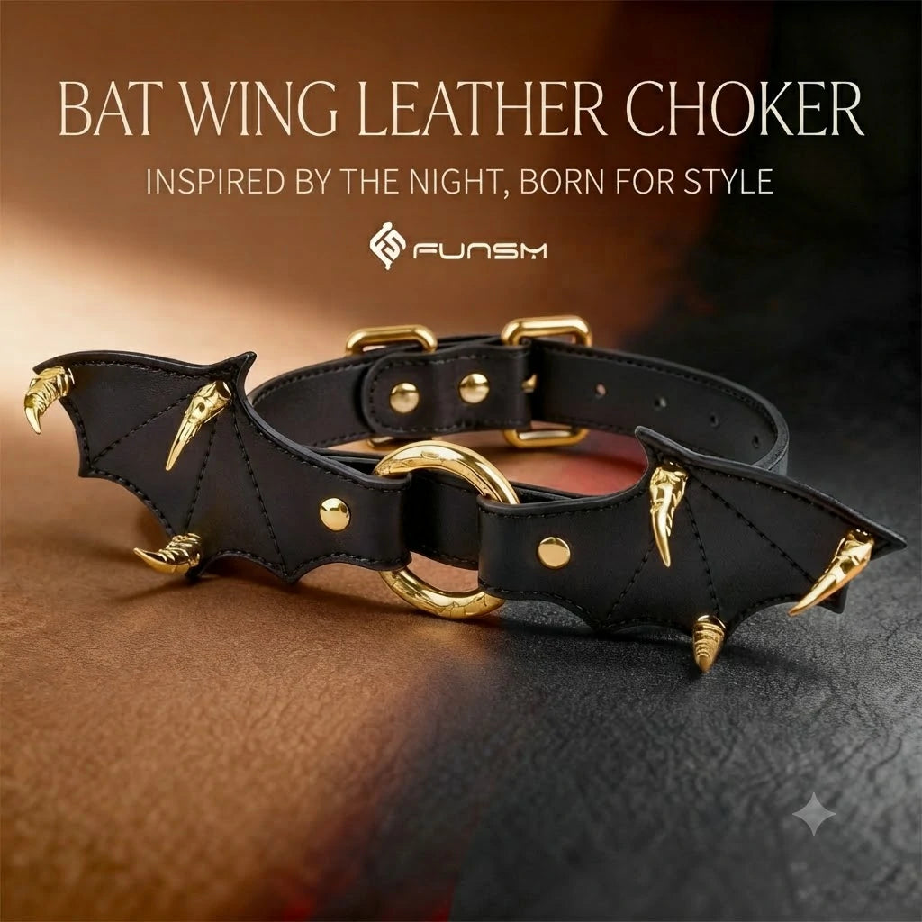 Gothic Bat Wing Leather Bondage Collar