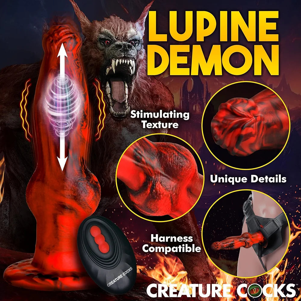 Hell Wolf Thrusting & Vibrating Silicone Dildo w/Remote Control for Men, Women, & Couples.Fantasy Dildo, Thrusting and Vibrating. Waterproof & Rechargeable. 2 Pieces, Red & Black.