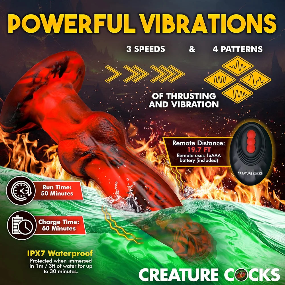 Hell Wolf Thrusting & Vibrating Silicone Dildo w/Remote Control for Men, Women, & Couples.Fantasy Dildo, Thrusting and Vibrating. Waterproof & Rechargeable. 2 Pieces, Red & Black.