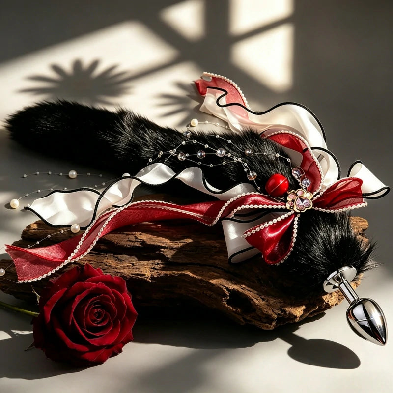 Festive Red Bow Metal Fox Tail Anal Plug for Christmas Cosplay