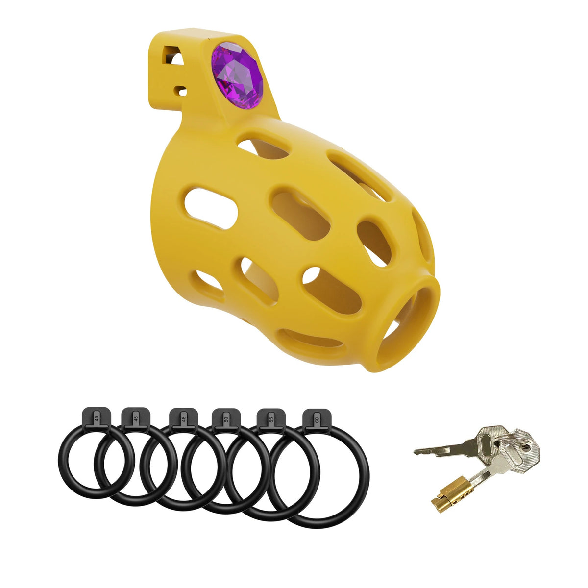 Golden Jewel Chastity Cage – Purple Gem with 6-Size Adjustable Rings