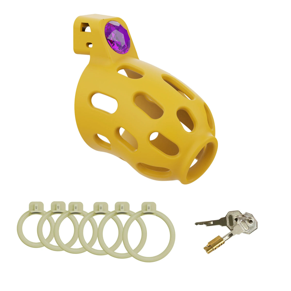 Golden Jewel Chastity Cage – Purple Gem with 6-Size Adjustable Rings