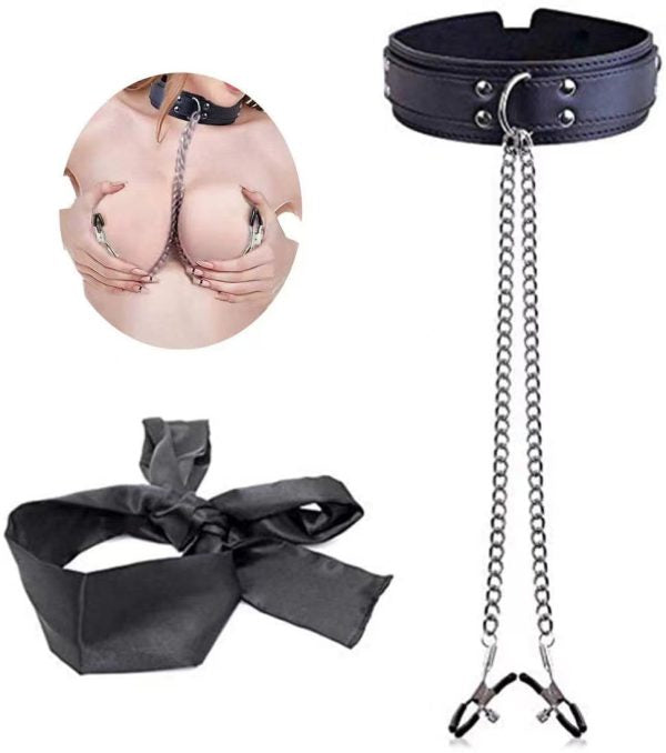 Rouge – Leather Bdsm Collar With Nipple Clamps
