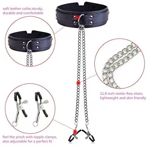 Rouge – Leather Bdsm Collar With Nipple Clamps