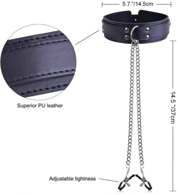 Rouge – Leather Bdsm Collar With Nipple Clamps