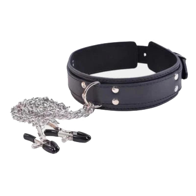 Leather BDSM Collar with Nipple Clamps