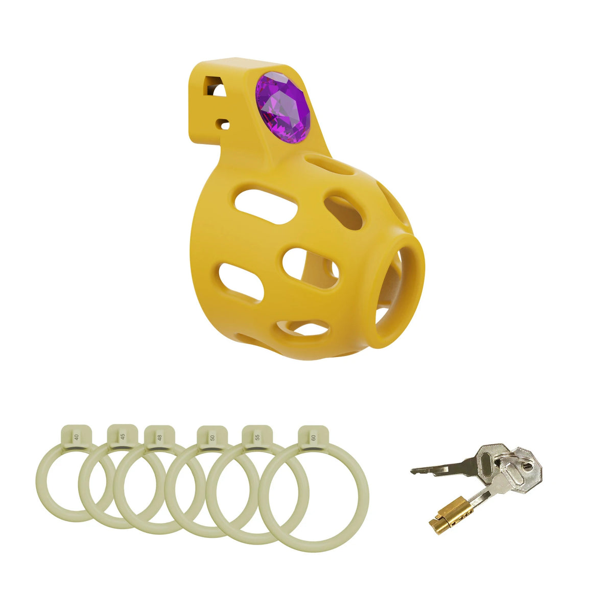 Golden Jewel Chastity Cage – Purple Gem with 6-Size Adjustable Rings