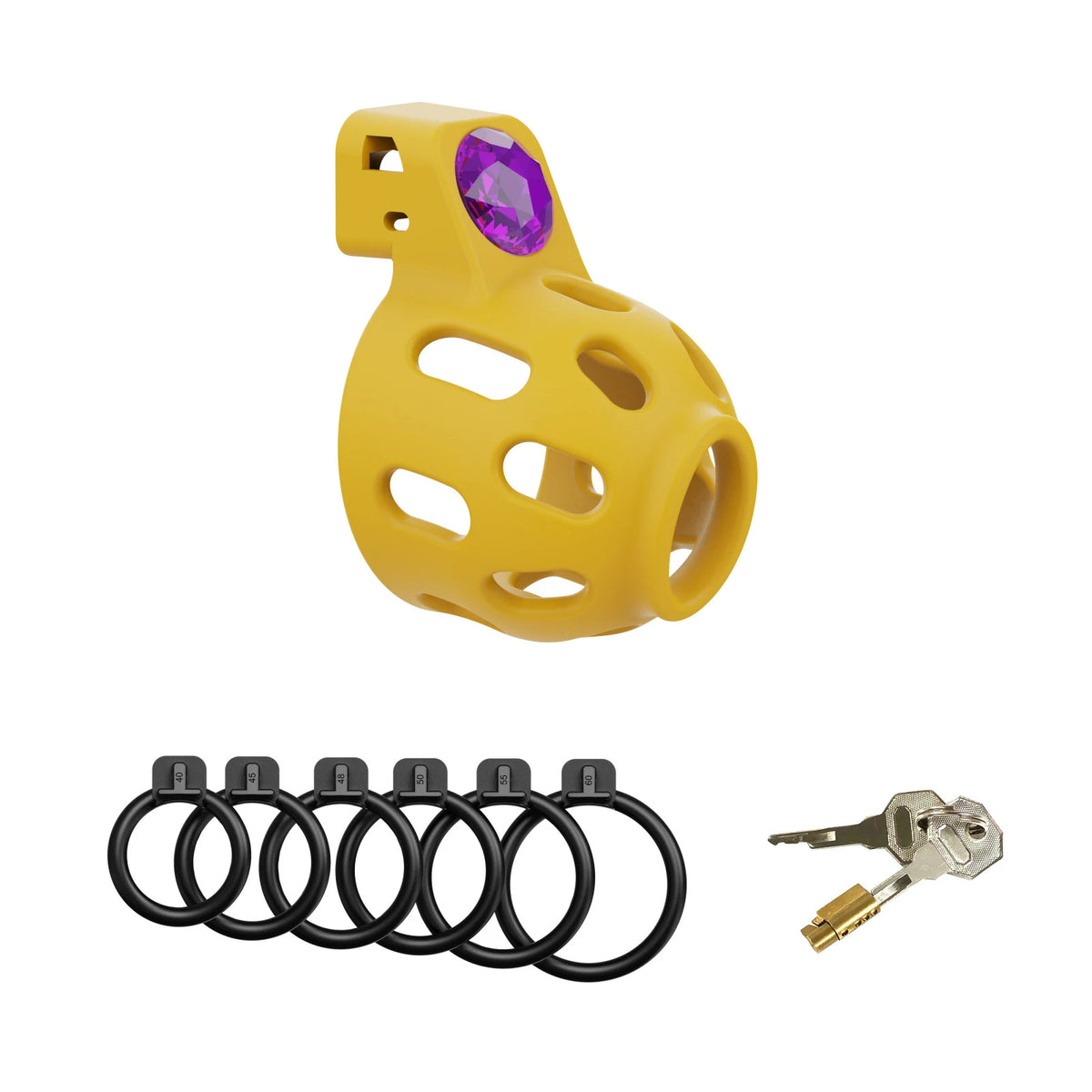 Golden Jewel Chastity Cage – Purple Gem with 6-Size Adjustable Rings