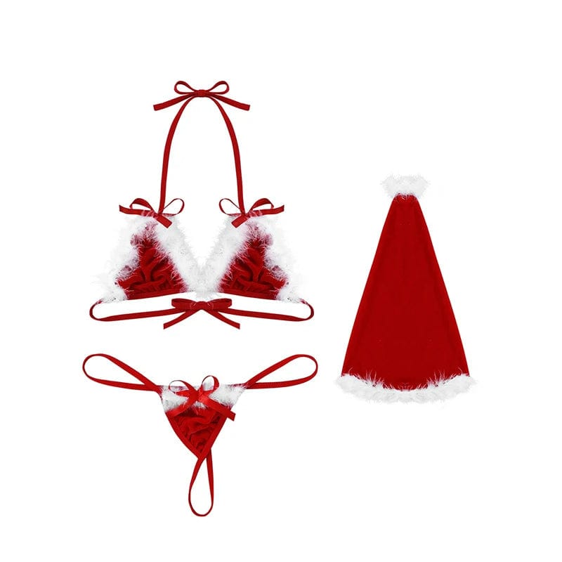 Christmas Set Women Sexy Lingerie Red Babydoll Lace Dress Sleepwear Costume