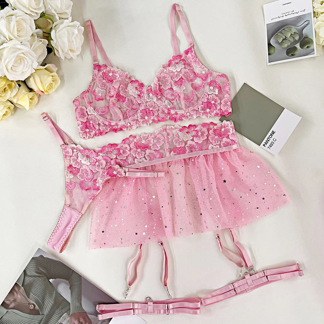 Mesh Babydoll Sets Floral Delicate Garter