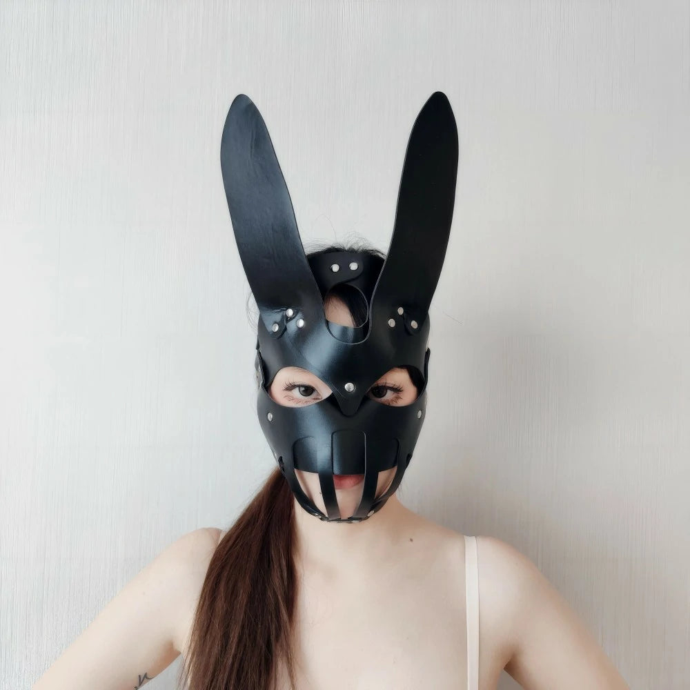 Black leather BDSM mask with rabbit ears