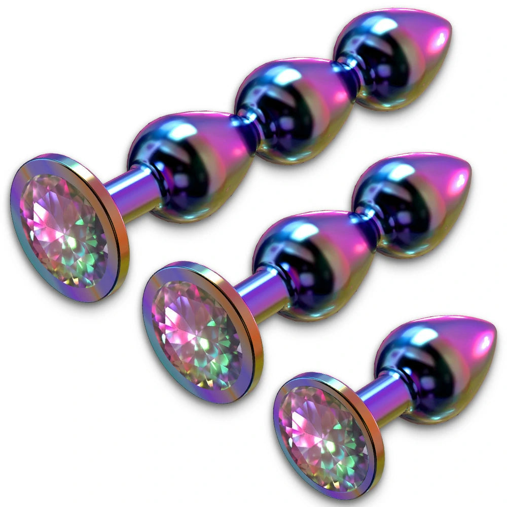 Rainbow Double Ball Butt Plug with Jewel Base – 3 Sizes