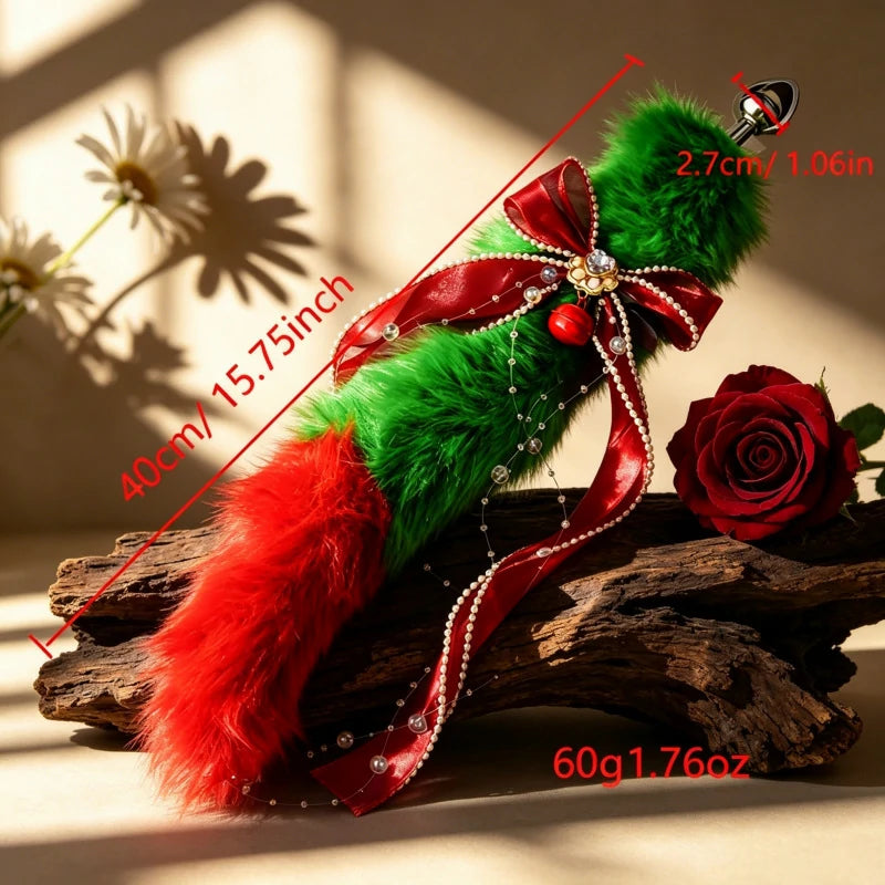 Festive Red Bow Metal Fox Tail Anal Plug for Christmas Cosplay