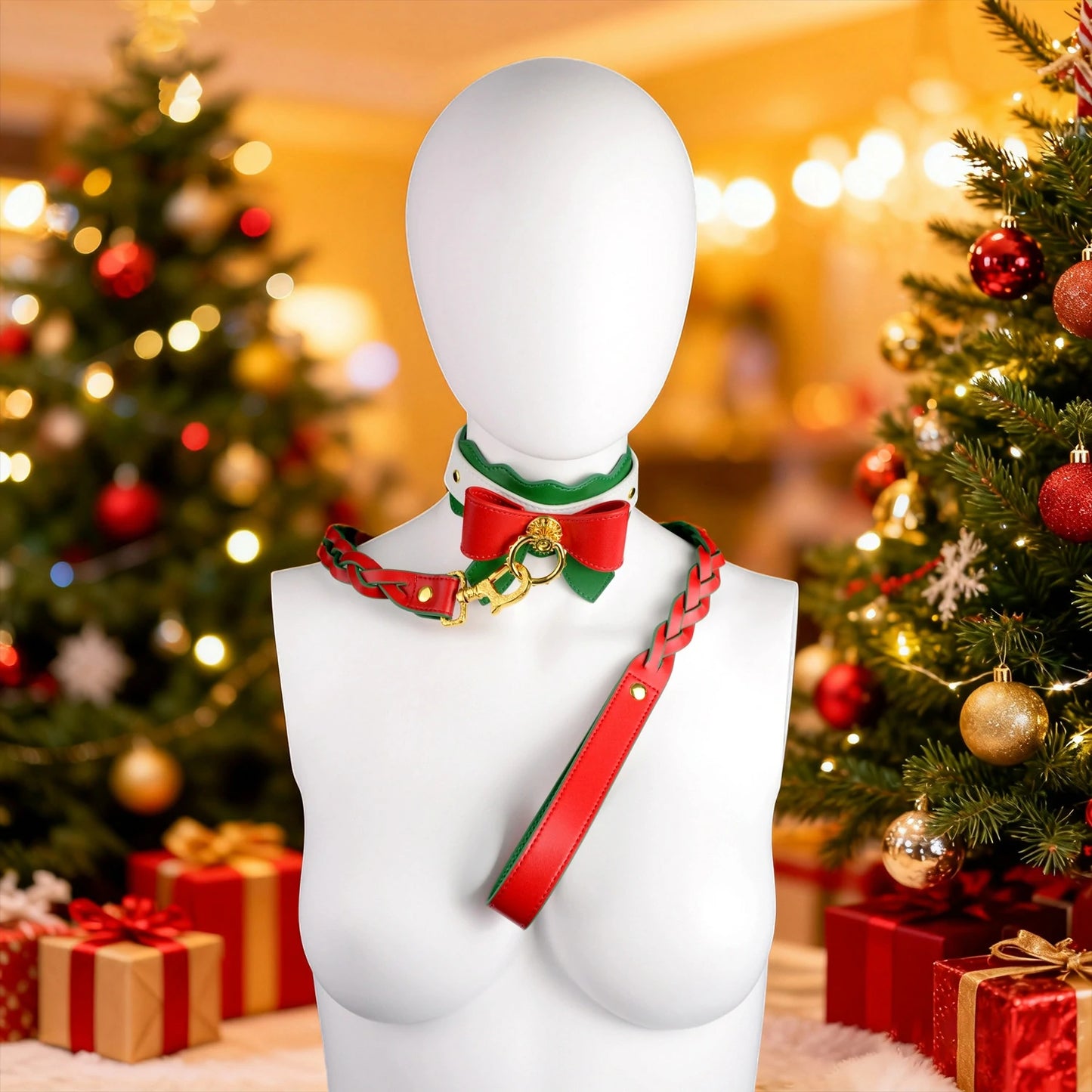 Festive Christmas Bow Leather Choker & Leash Set