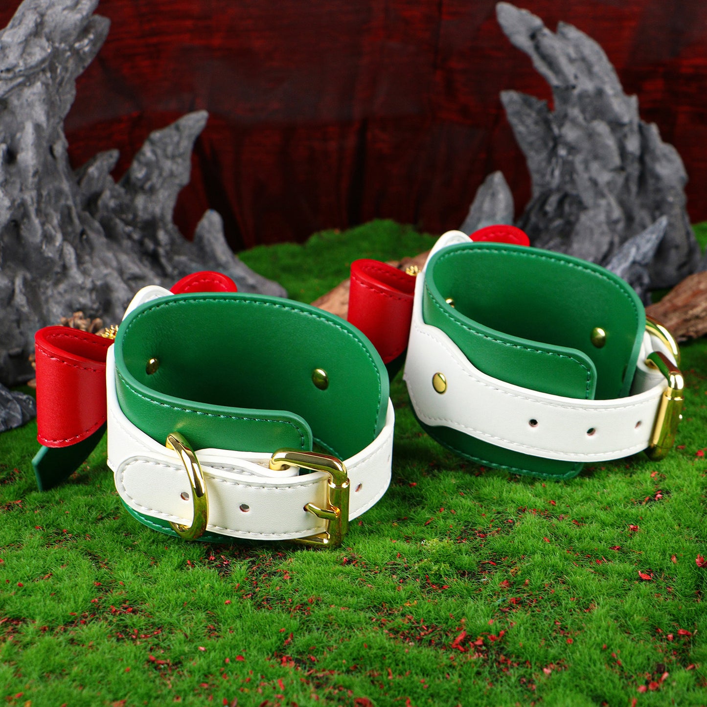 Festive Christmas Bow Leather Handcuffs & Leg Cuffs Restraint Set