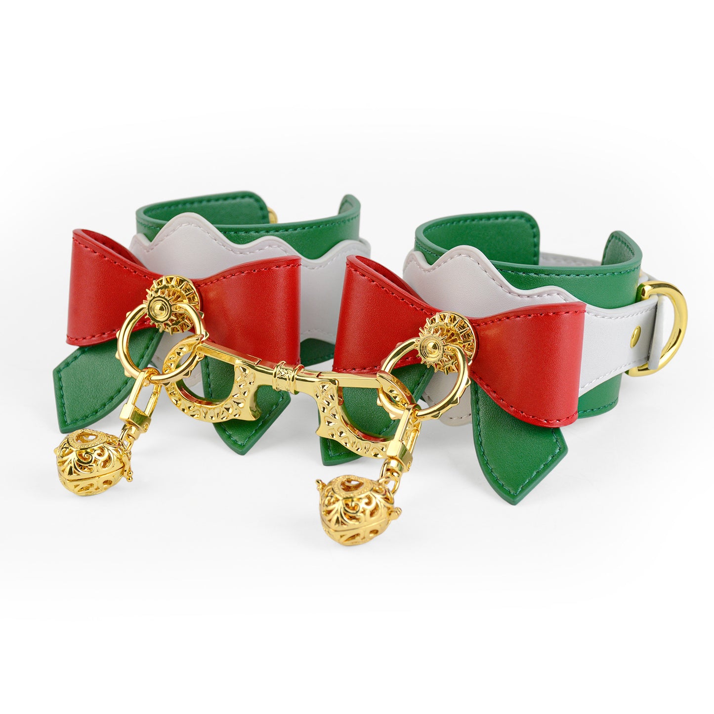 Festive Christmas Bow Leather Handcuffs & Leg Cuffs Restraint Set