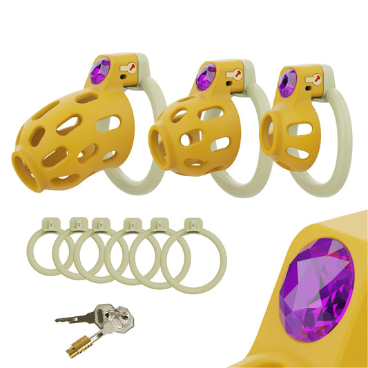 Golden Jewel Chastity Cage – Purple Gem with 6-Size Adjustable Rings