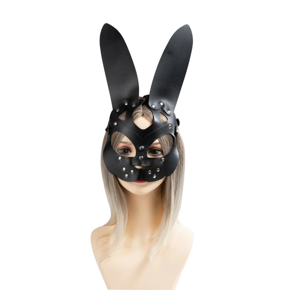 Black leather BDSM mask with rabbit ears