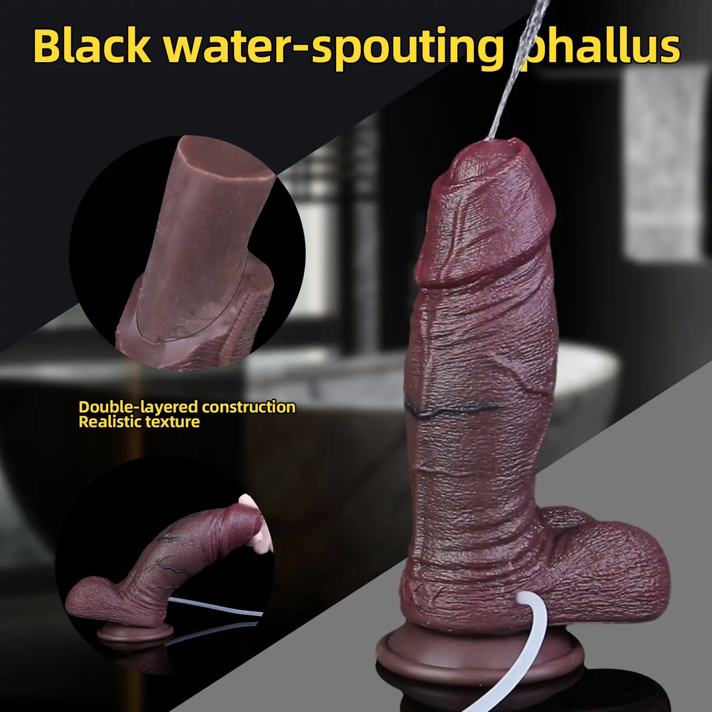 Realistic Black Water-Spouting Dildo 8 Inches