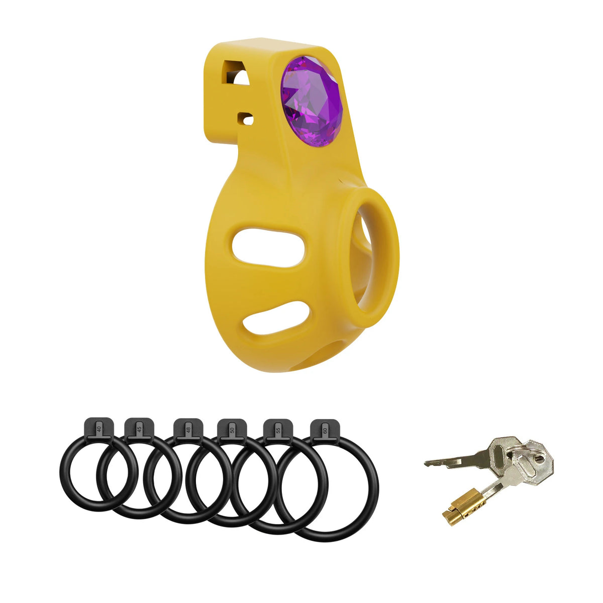 Golden Jewel Chastity Cage – Purple Gem with 6-Size Adjustable Rings