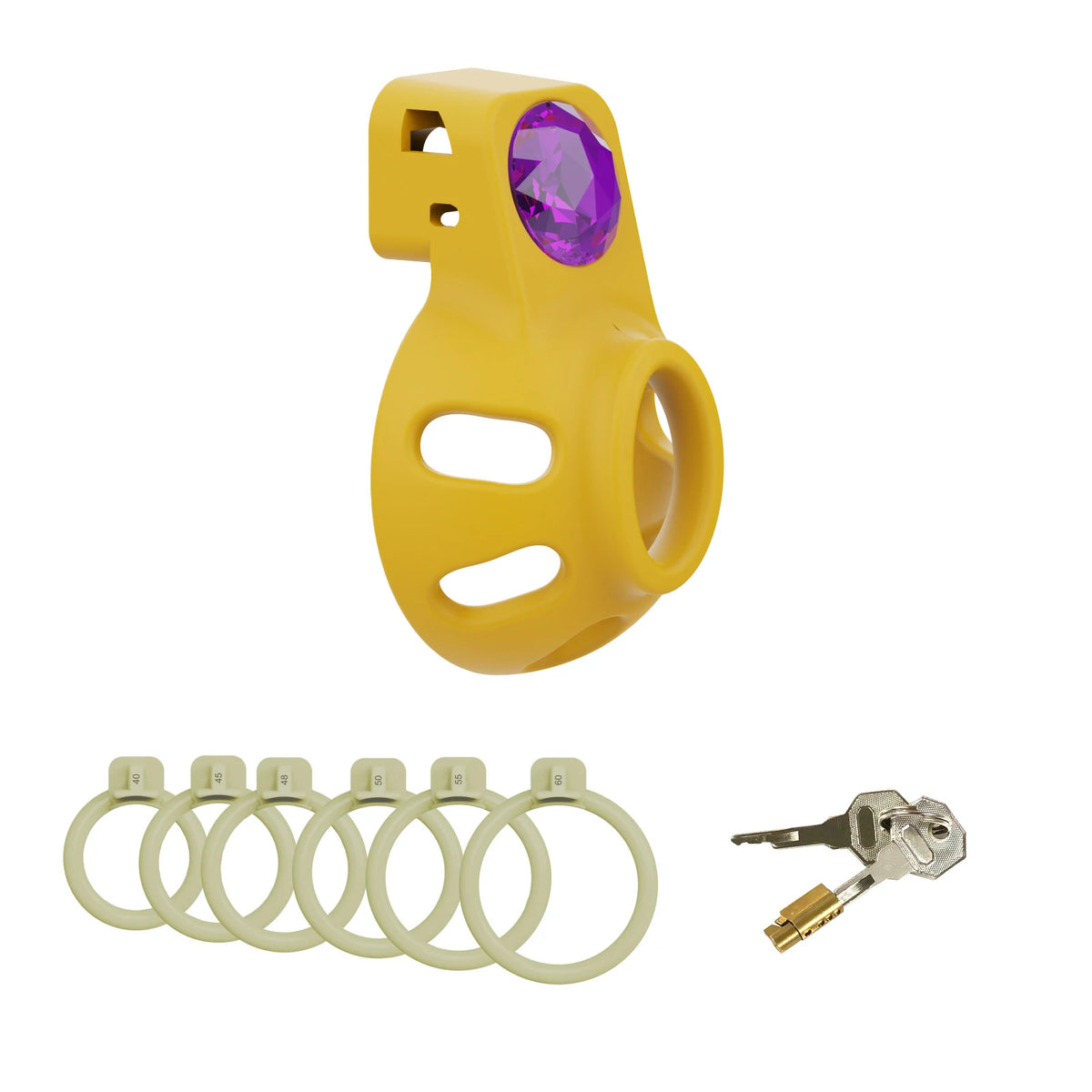 Golden Jewel Chastity Cage – Purple Gem with 6-Size Adjustable Rings