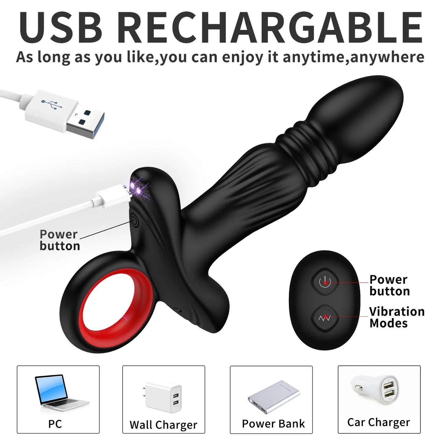 Thrusting & Vibrating Butt Plug with Finger Ring