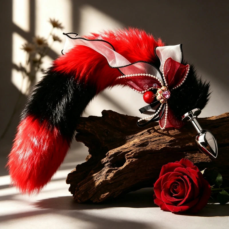 Festive Red Bow Metal Fox Tail Anal Plug for Christmas Cosplay