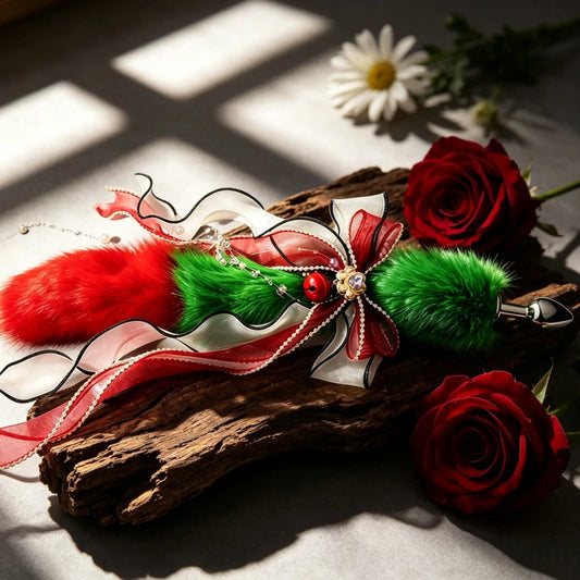 Festive Red Bow Metal Fox Tail Anal Plug for Christmas Cosplay