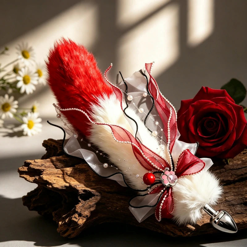 Festive Red Bow Metal Fox Tail Anal Plug for Christmas Cosplay