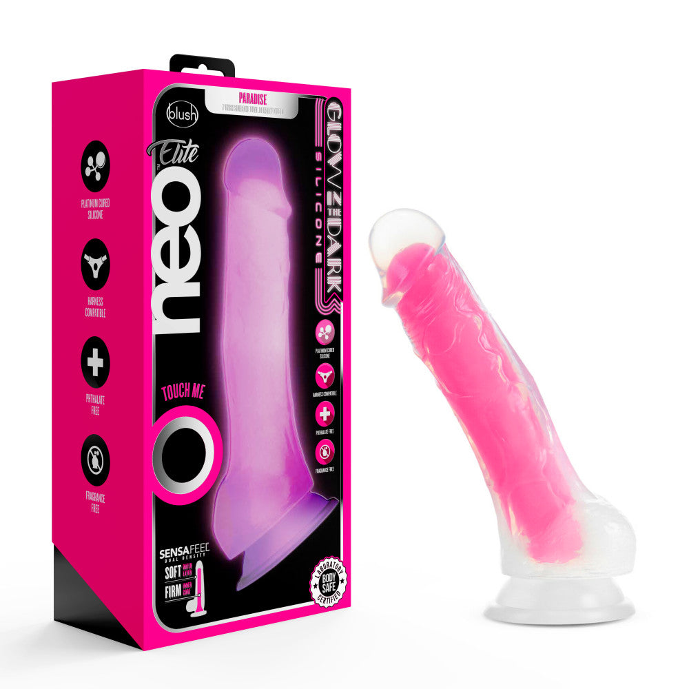 Neo Elite By Blush® | Paradise Glow In The Dark Neon Pink: 7.5-Inch Long Dildo - Made with Purio™ Silicone & SensaFeel® Dual Density Realistic Technology