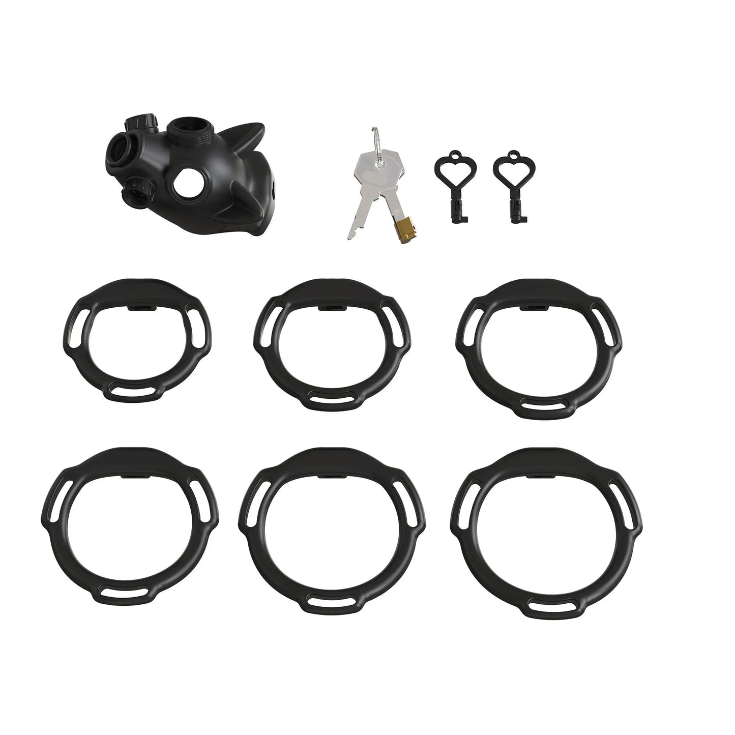 Gas Mask Chastity Lock Set 6 Ring Adjustable Design with Locking Keys