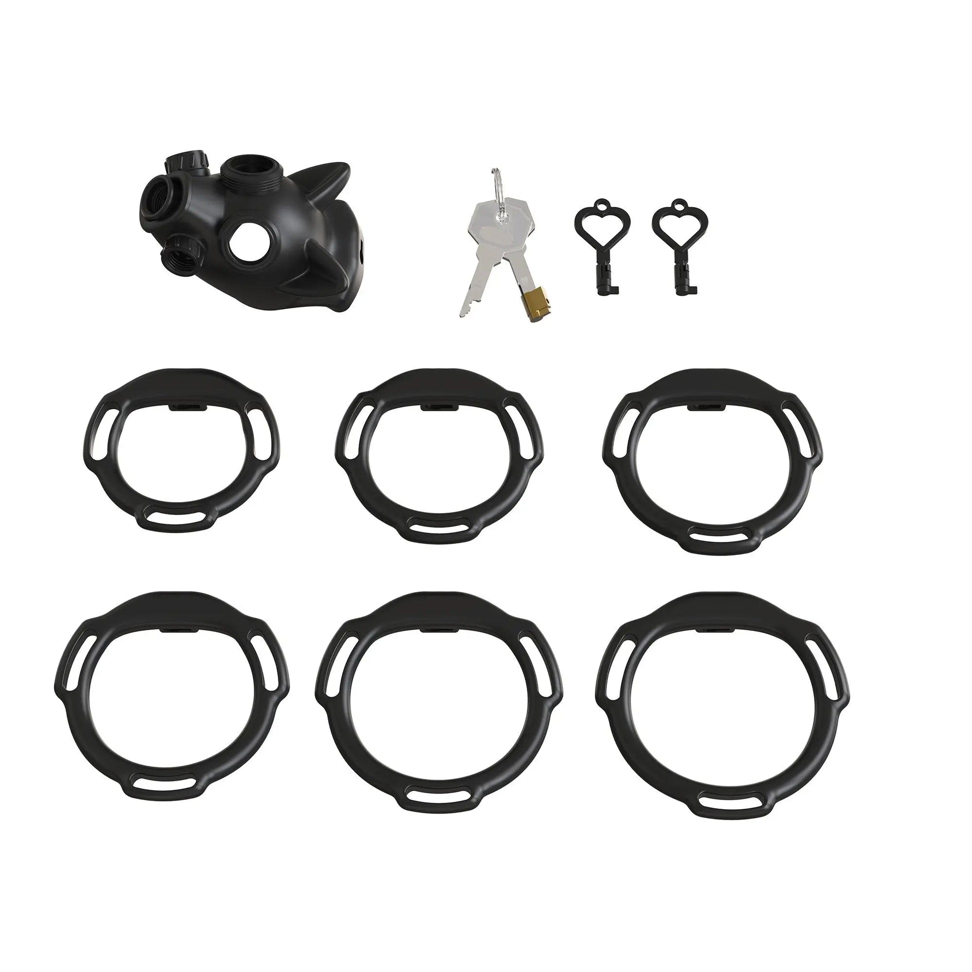 Gas Mask Chastity Lock Set 6 Ring Adjustable Design with Locking Keys