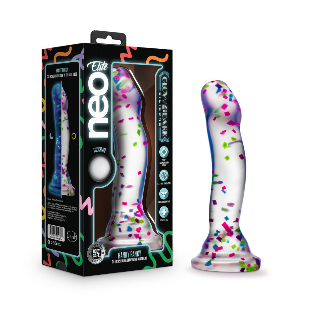 Neo Elite By Blush® | Hanky-Panky 7.5 Inch Purio™ Silicone Glow In The Dark Dildo - Clear Dildo With Fun Confetti